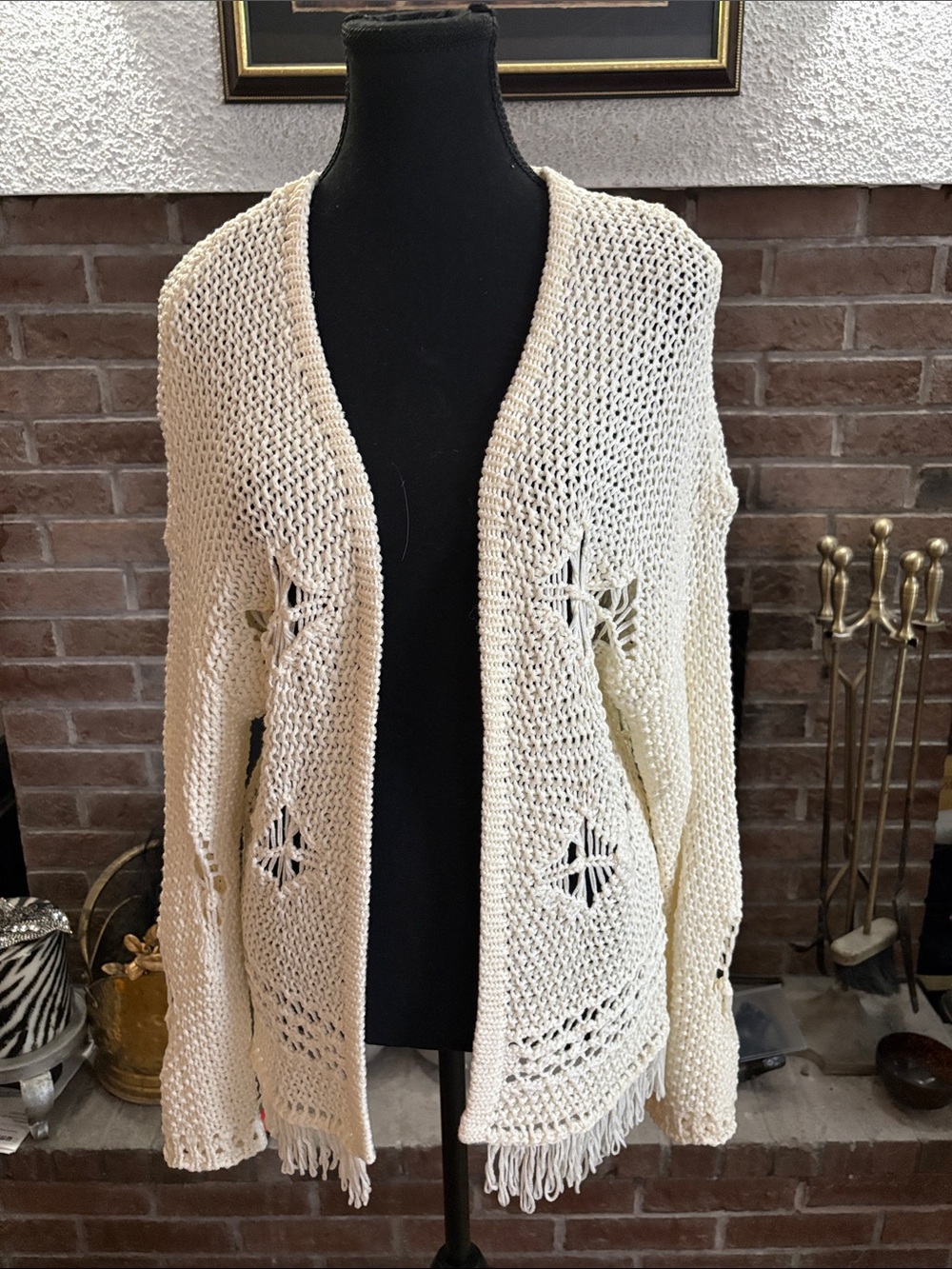 Lumiere Cream Open-Knit Fringe Cardigan